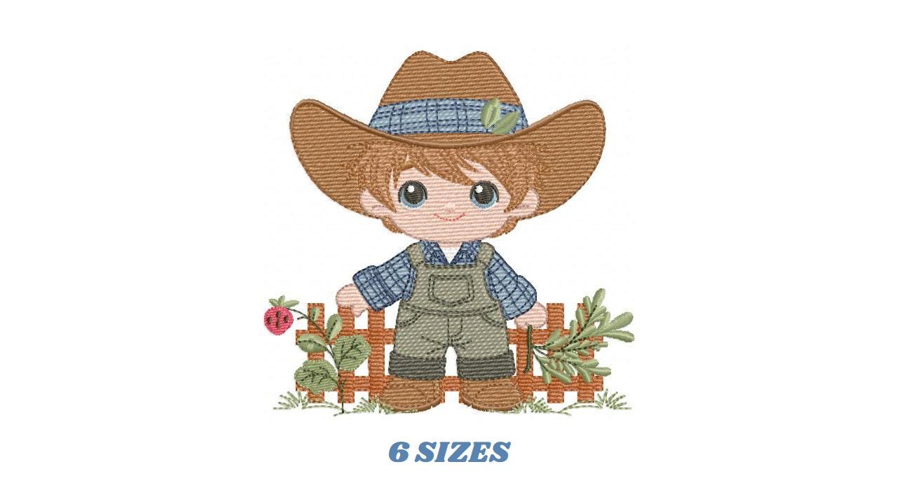 Cowboy embroidery design - Baby Boy with hat machine embroidery pattern - Wrangler Farmer file - Horse rancher buckaroo - Instant download