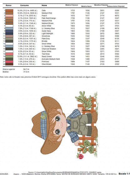 Cowboy embroidery design - Baby Boy with hat machine embroidery pattern - Wrangler Farmer file - Horse rancher buckaroo - Instant download