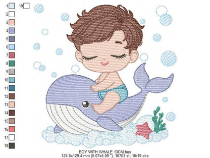 Whale embroidery designs - Diver Swiming Boy machine embroidery pattern - Ocean coral sea algae animal file - Instant download pes jef dst