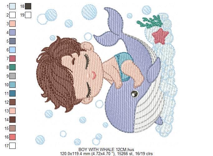 Whale embroidery designs - Diver Swiming Boy machine embroidery pattern - Ocean coral sea algae animal file - Instant download pes jef dst
