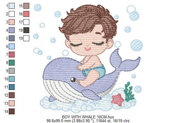 Whale embroidery designs - Diver Swiming Boy machine embroidery pattern - Ocean coral sea algae animal file - Instant download pes jef dst