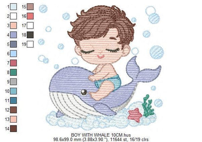 Whale embroidery designs - Diver Swiming Boy machine embroidery pattern - Ocean coral sea algae animal file - Instant download pes jef dst