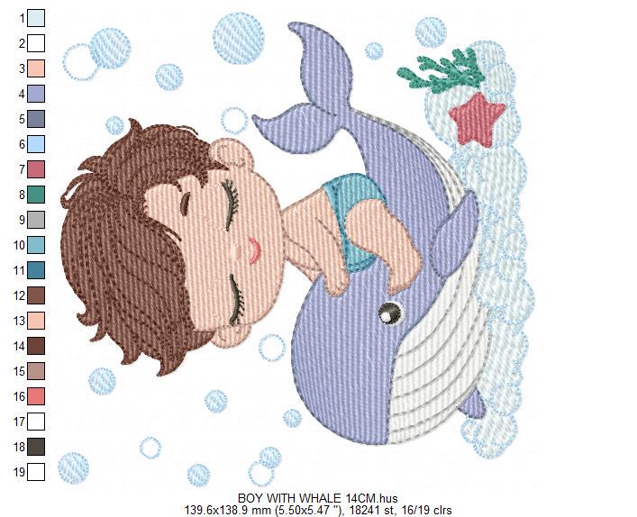 Whale embroidery designs - Diver Swiming Boy machine embroidery pattern - Ocean coral sea algae animal file - Instant download pes jef dst