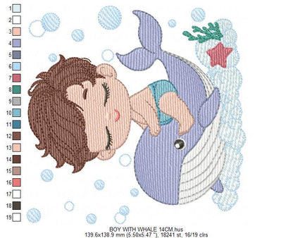 Whale embroidery designs - Diver Swiming Boy machine embroidery pattern - Ocean coral sea algae animal file - Instant download pes jef dst