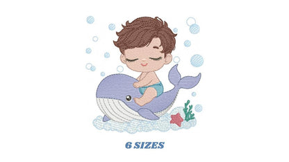 Whale embroidery designs - Diver Swiming Boy machine embroidery pattern - Ocean coral sea algae animal file - Instant download pes jef dst