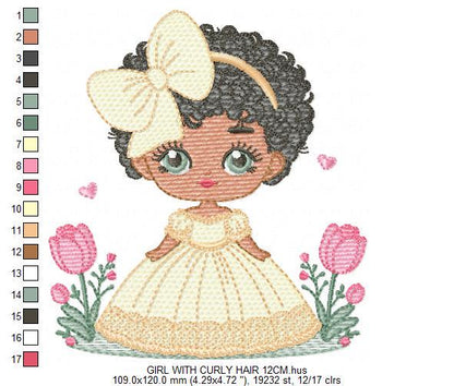 Girl with black curly afro hair embroidery designs - Princess with bow lace and flowers machine embroidery pattern - Instant download pes