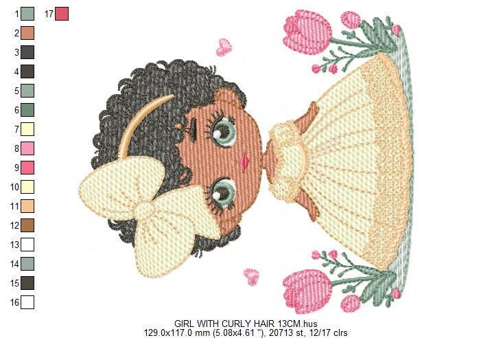 Girl with black curly afro hair embroidery designs - Princess with bow lace and flowers machine embroidery pattern - Instant download pes