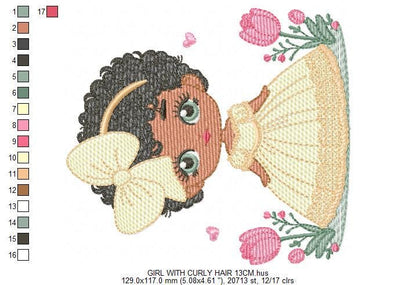 Girl with black curly afro hair embroidery designs - Princess with bow lace and flowers machine embroidery pattern - Instant download pes