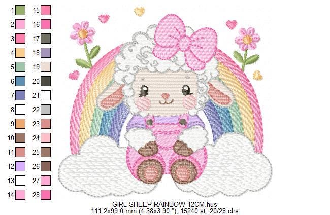 Sheep with rainbow embroidery design - Rainbow with flowers machine embroidery pattern - Baby girl newborn file - Instant download pes jef