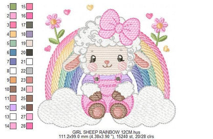 Sheep with rainbow embroidery design - Rainbow with flowers machine embroidery pattern - Baby girl newborn file - Instant download pes jef