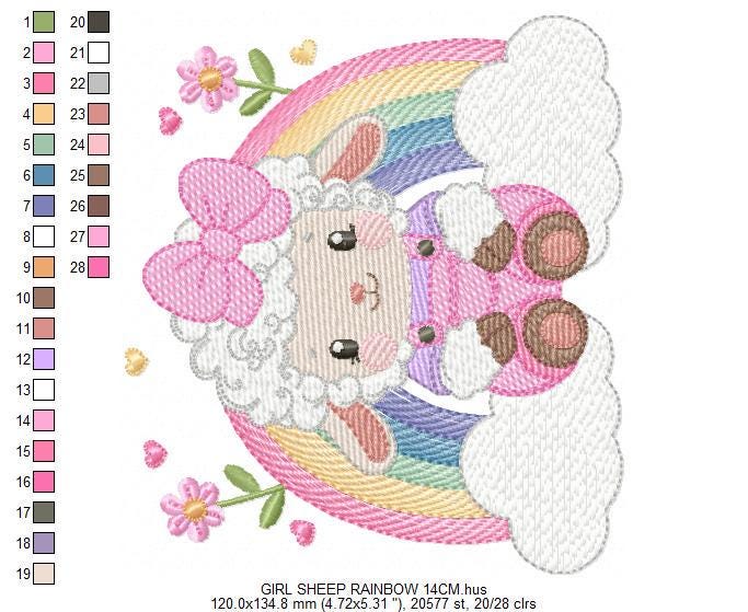 Sheep with rainbow embroidery design - Rainbow with flowers machine embroidery pattern - Baby girl newborn file - Instant download pes jef