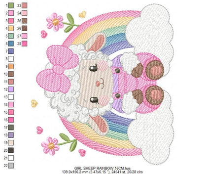Sheep with rainbow embroidery design - Rainbow with flowers machine embroidery pattern - Baby girl newborn file - Instant download pes jef
