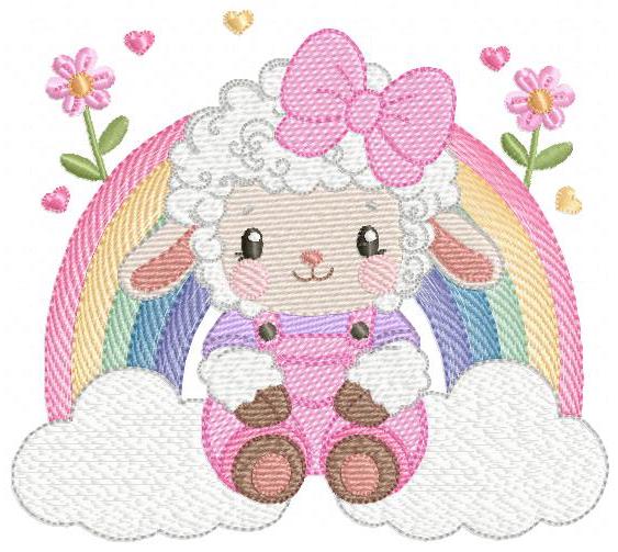 Sheep with rainbow embroidery design - Rainbow with flowers machine embroidery pattern - Baby girl newborn file - Instant download pes jef