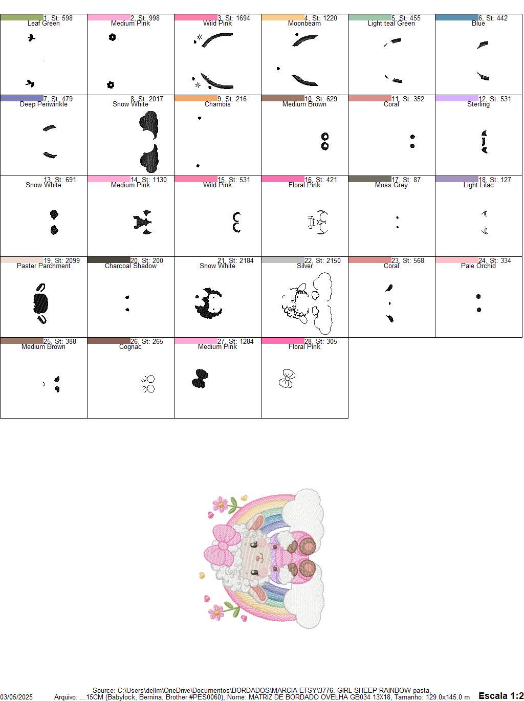 Sheep with rainbow embroidery design - Rainbow with flowers machine embroidery pattern - Baby girl newborn file - Instant download pes jef