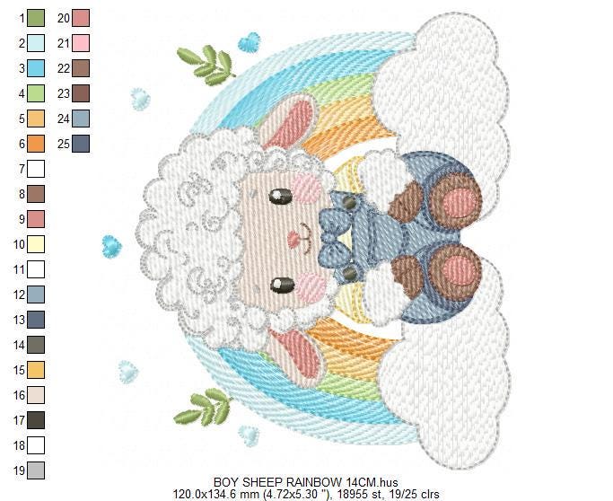 Sheep with rainbow embroidery design - Rainbow with flowers machine embroidery pattern - Newborn Baby boy file - Instant download pes jef