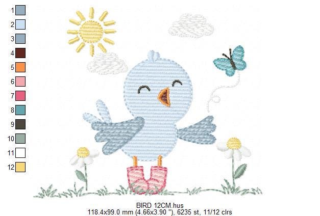Singing Bird embroidery designs - Baby Boy Animal with sun and boots machine embroidery pattern - Instant digital download pes jef dst hus