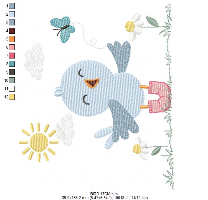 Singing Bird embroidery designs - Baby Boy Animal with sun and boots machine embroidery pattern - Instant digital download pes jef dst hus