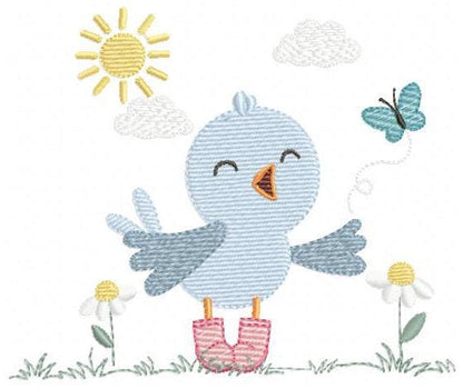 Singing Bird embroidery designs - Baby Boy Animal with sun and boots machine embroidery pattern - Instant digital download pes jef dst hus
