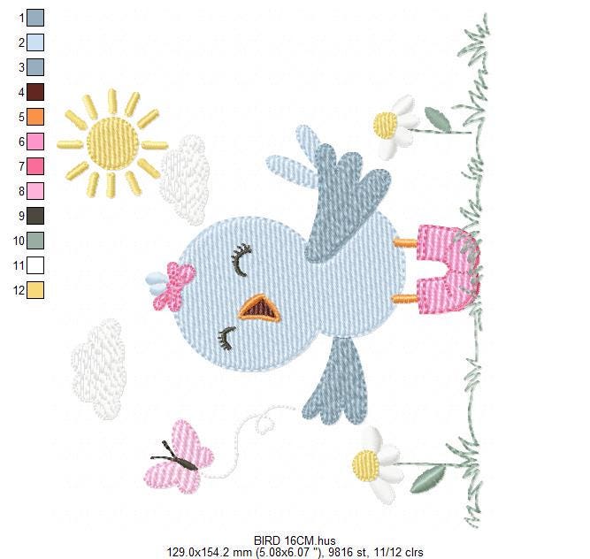 Singing Bird embroidery designs - Baby Girl Animal with sun and boots machine embroidery pattern - Instant digital download pes jef dst hus