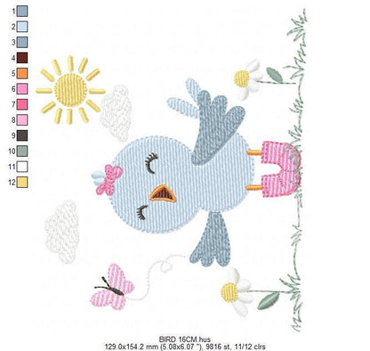 Singing Bird embroidery designs - Baby Girl Animal with sun and boots machine embroidery pattern - Instant digital download pes jef dst hus