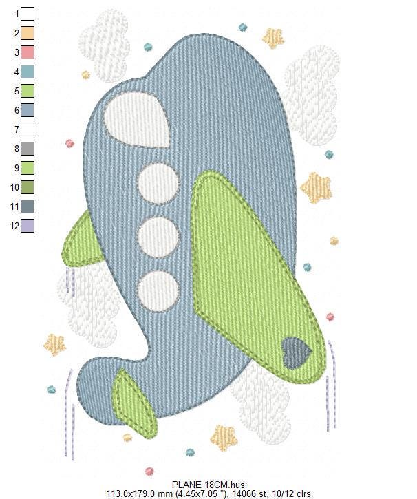 Plane embroidery designs - Airplane with clouds and stars machine embroidery pattern - Vehicle Sky Baby boy file - Instant download pes jef