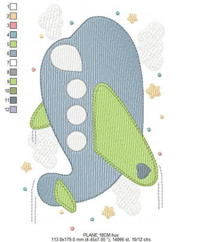 Plane embroidery designs - Airplane with clouds and stars machine embroidery pattern - Vehicle Sky Baby boy file - Instant download pes jef