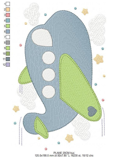 Plane embroidery designs - Airplane with clouds and stars machine embroidery pattern - Vehicle Sky Baby boy file - Instant download pes jef