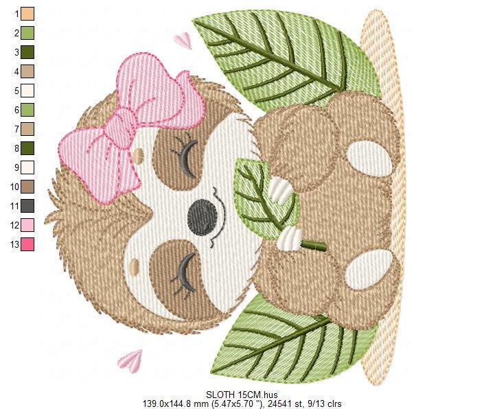 Sloth embroidery designs - Wild animal with bow lace machine embroidery pattern - Baby boy file - Instant digital download pes jef hus dst
