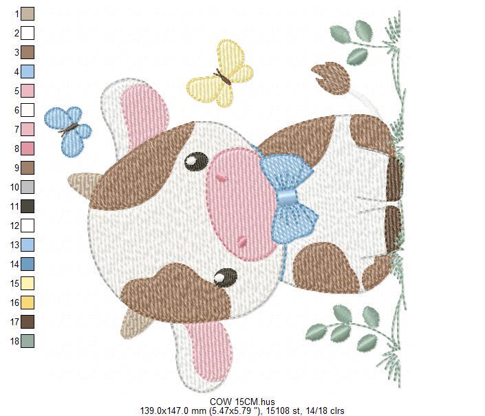 Cow embroidery design - Farm Animal with bow tie and butterflies machine embroidery pattern - Farm Baby Boy file - Instant download pes jef