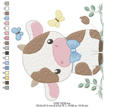 Cow embroidery design - Farm Animal with bow tie and butterflies machine embroidery pattern - Farm Baby Boy file - Instant download pes jef