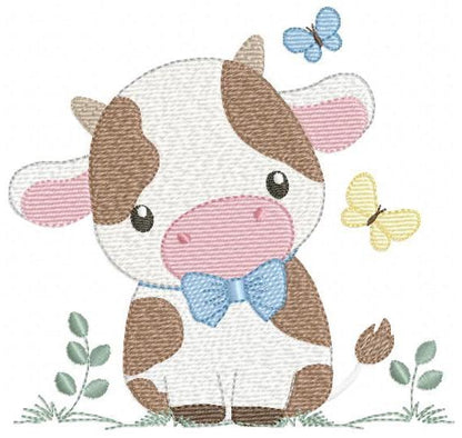Cow embroidery design - Farm Animal with bow tie and butterflies machine embroidery pattern - Farm Baby Boy file - Instant download pes jef