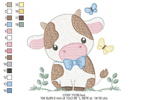 Cow embroidery design - Farm Animal with bow tie and butterflies machine embroidery pattern - Farm Baby Boy file - Instant download pes jef