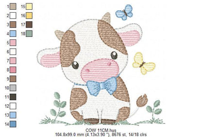 Cow embroidery design - Farm Animal with bow tie and butterflies machine embroidery pattern - Farm Baby Boy file - Instant download pes jef