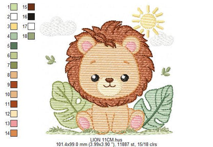 Lion embroidery designs - Safari wild animal machine embroidery pattern - Baby boy file - Lion King with tropical plants - Instant download