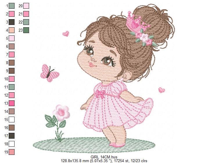 Princess with crown embroidery designs - Baby Girl with pink dress machine embroidery pattern - Girl with flowers - Instant download pes jef