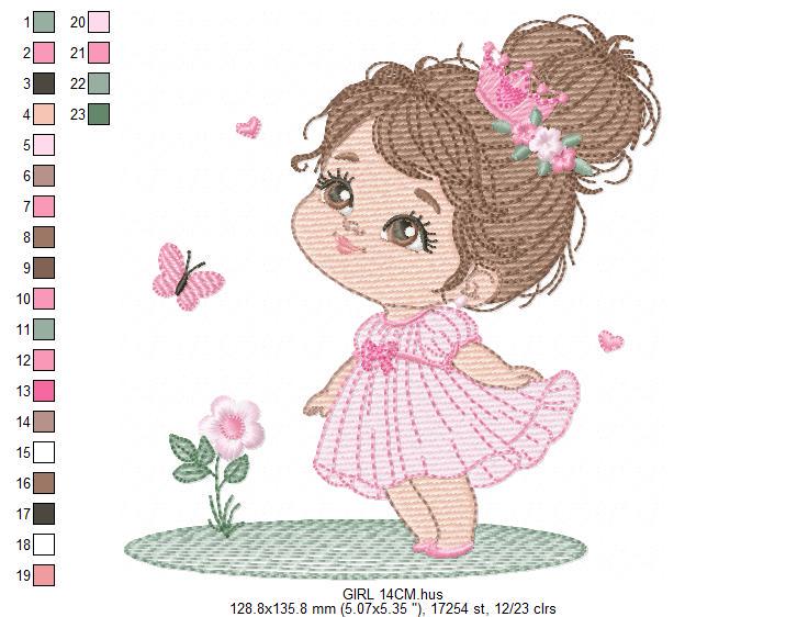 Princess with crown embroidery designs - Baby Girl with pink dress machine embroidery pattern - Girl with flowers - Instant download pes jef