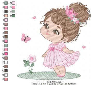 Princess with crown embroidery designs - Baby Girl with pink dress machine embroidery pattern - Girl with flowers - Instant download pes jef