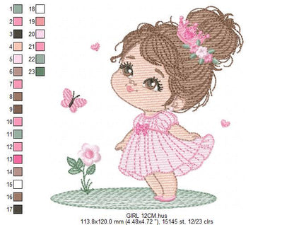 Princess with crown embroidery designs - Baby Girl with pink dress machine embroidery pattern - Girl with flowers - Instant download pes jef