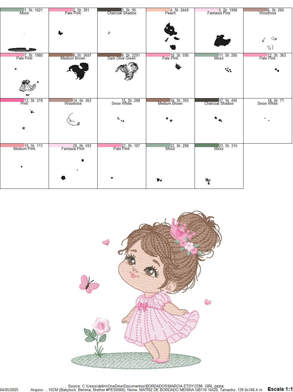 Princess with crown embroidery designs - Baby Girl with pink dress machine embroidery pattern - Girl with flowers - Instant download pes jef