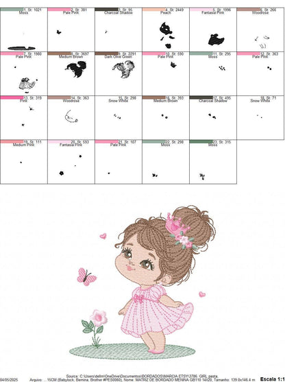 Princess with crown embroidery designs - Baby Girl with pink dress machine embroidery pattern - Girl with flowers - Instant download pes jef