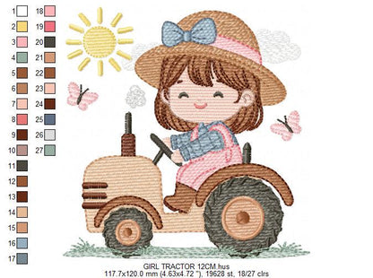 Farmer Girl with tractor and hat embroidery designs - Farmer machine embroidery pattern - Tractor Girl file - Instant digital download pes