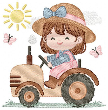 Farmer Girl with tractor and hat embroidery designs - Farmer machine embroidery pattern - Tractor Girl file - Instant digital download pes