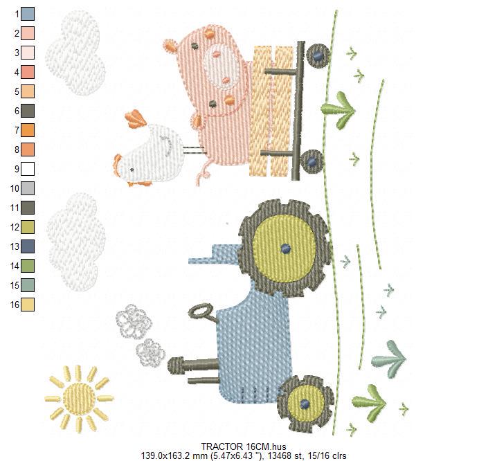 Farm Tractor with pig and chicken embroidery designs - Truck with sun and clouds machine embroidery pattern - Baby boy - Instant download