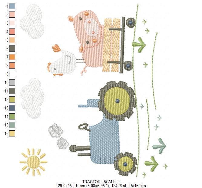 Farm Tractor with pig and chicken embroidery designs - Truck with sun and clouds machine embroidery pattern - Baby boy - Instant download