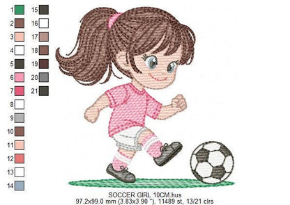 Soccer player embroidery designs - Baby Girl machine embroidery file - Girl with soccer ball file - Instant digital download pes jef dst hus