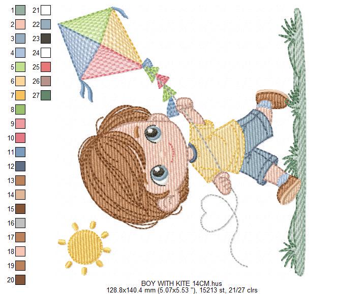 Boy playing with Kite embroidery designs - Baby Boy machine embroidery pattern - Kid Toy file - Sky with sun and grass - Instant download