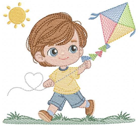 Boy playing with Kite embroidery designs - Baby Boy machine embroidery pattern - Kid Toy file - Sky with sun and grass - Instant download