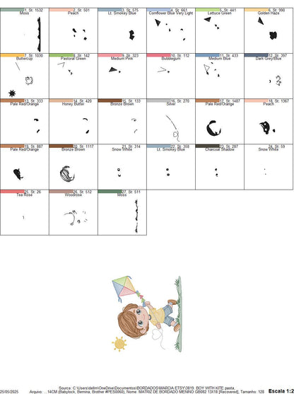 Boy playing with Kite embroidery designs - Baby Boy machine embroidery pattern - Kid Toy file - Sky with sun and grass - Instant download