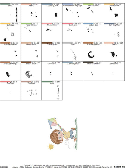 Boy playing with Kite embroidery designs - Baby Boy machine embroidery pattern - Kid Toy file - Sky with sun and grass - Instant download