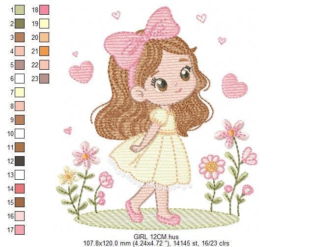 Young Girl with dress embroidery designs - Baby girl long hair and bow machine embroidery pattern - Garden Flower Heart - Instant download